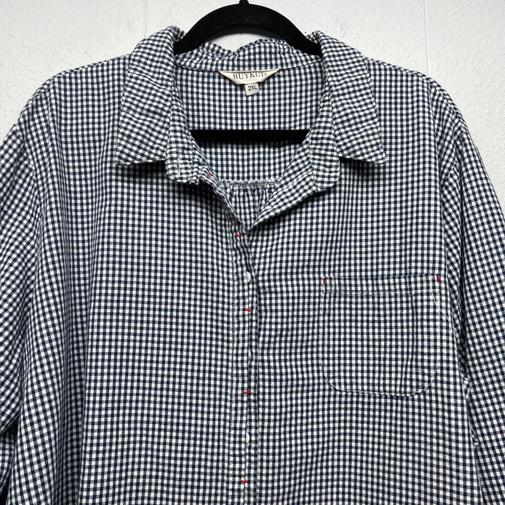 Buykud Linen Cotton Gingham Print Shirt Womens 2XL Breathable Casual Workwear - Picture 3 of 12